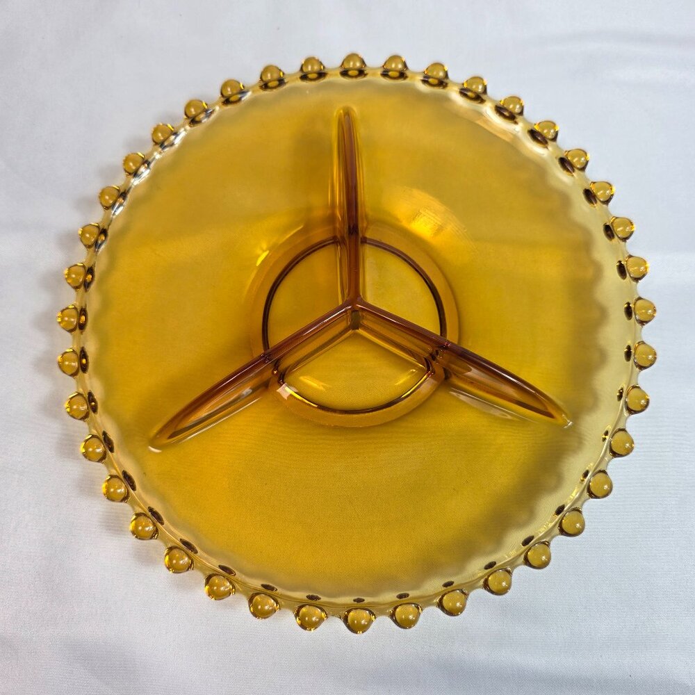 Vintage Amber Three Part Divided Relish Dish Platter Candlewick Style Edge